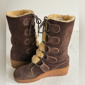 Vintage Kinney Brown Suede Faux Fur-Lined Women's Eskimo Style Snow Boots sz 7